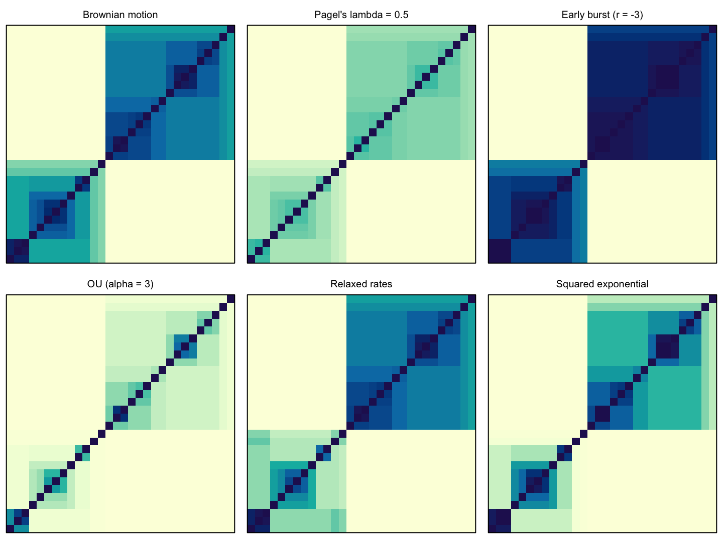 Kernel gallery: correlation structures implied by six phylogenetic kernels on the same tree